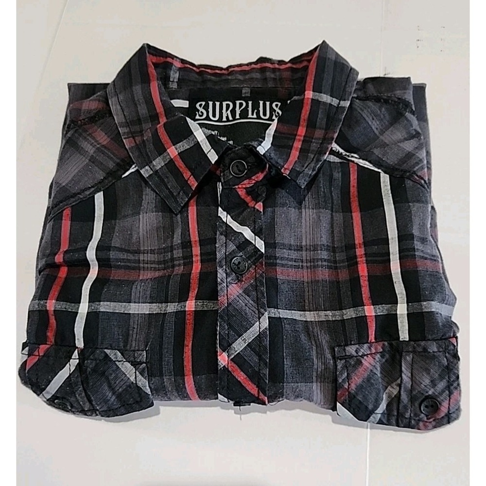 Surplus Shirt Adult XXL Button Down Black White Grat Plaid Long Sleeved